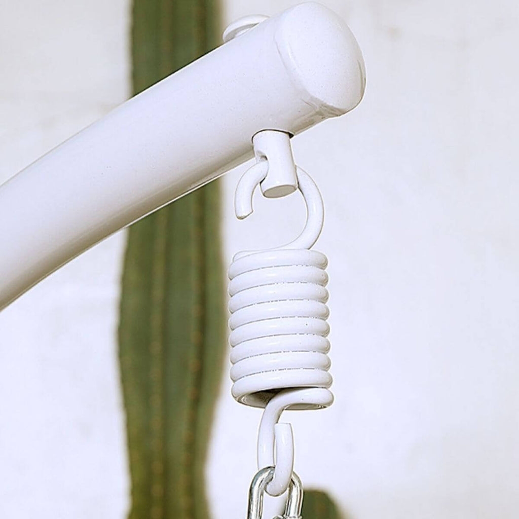 Metal porch swing with tropical olive green, auburn, and rose cushions, includes stand and chain