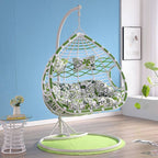 Metal porch swing with cushions, chain, and stand, designed to be heat resistant for outdoor use