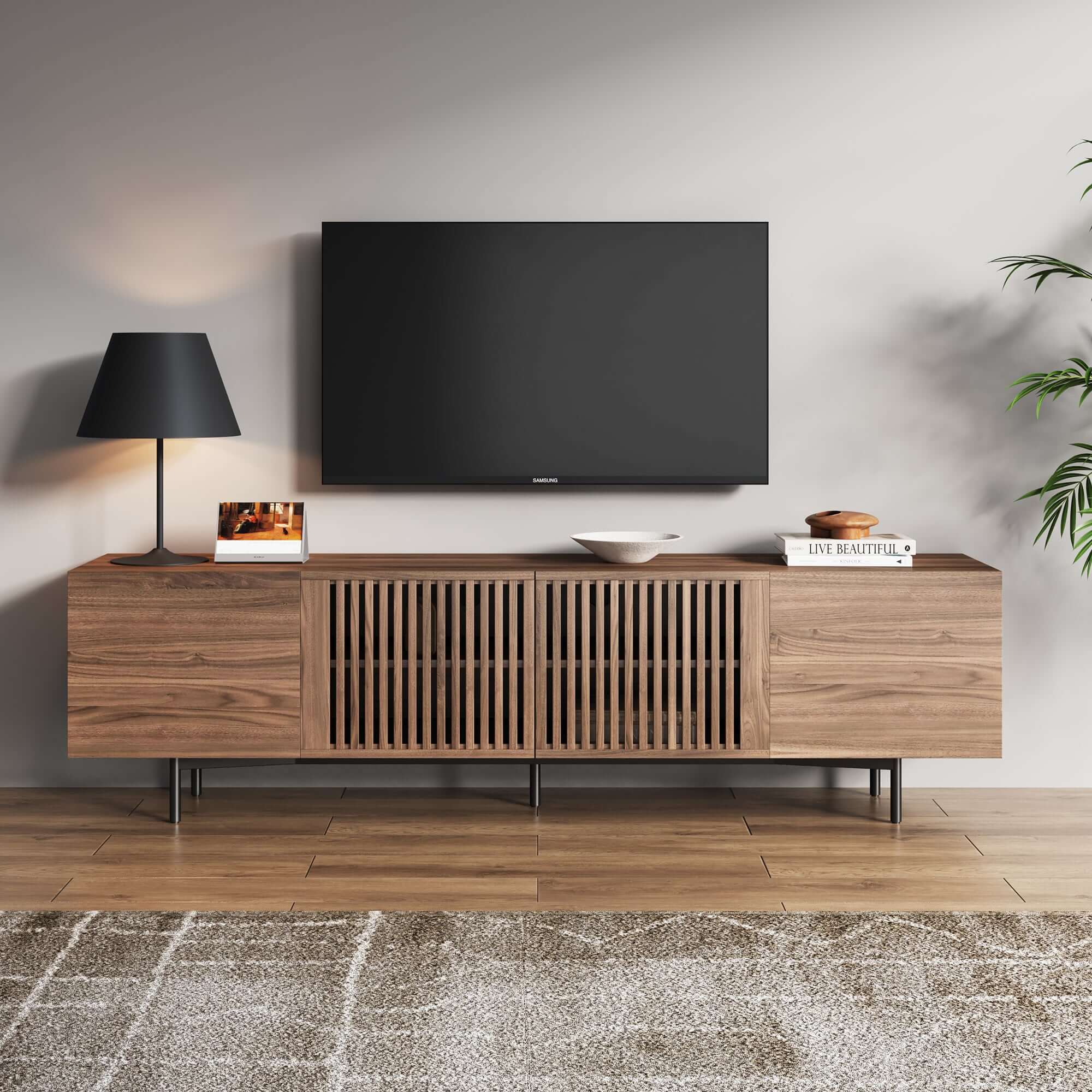 Minimalist slatted TV stand media console with four-door storage for living room organization
