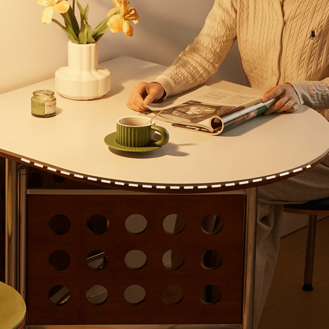 Retro-style dining table with smooth edges, perfect for family meals and work