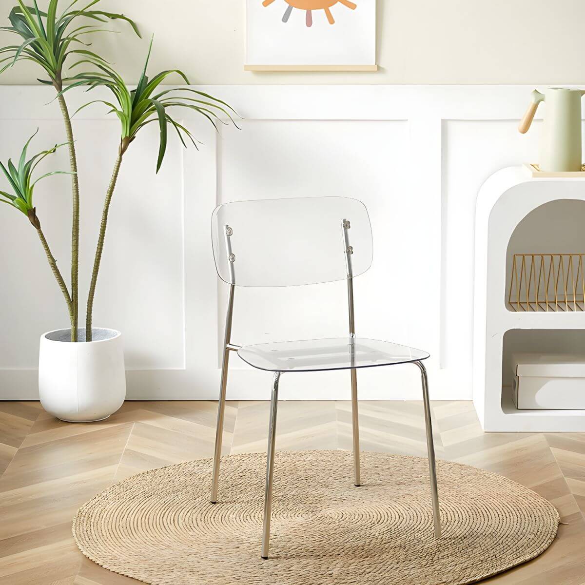 Transparent acrylic dining chair with modern design, perfect for living room and kitchen seating