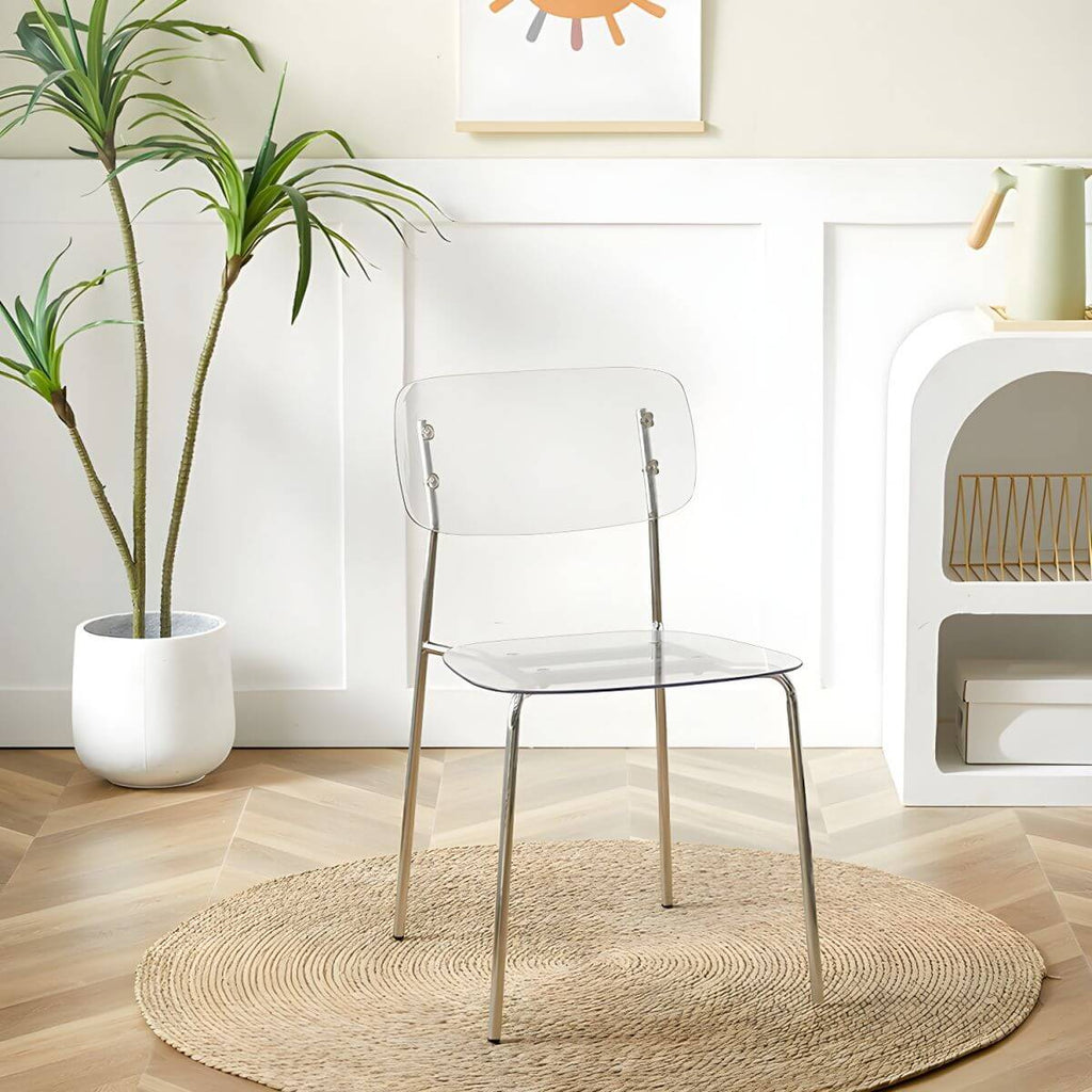 Transparent acrylic dining chair with modern design, perfect for living room and kitchen seating