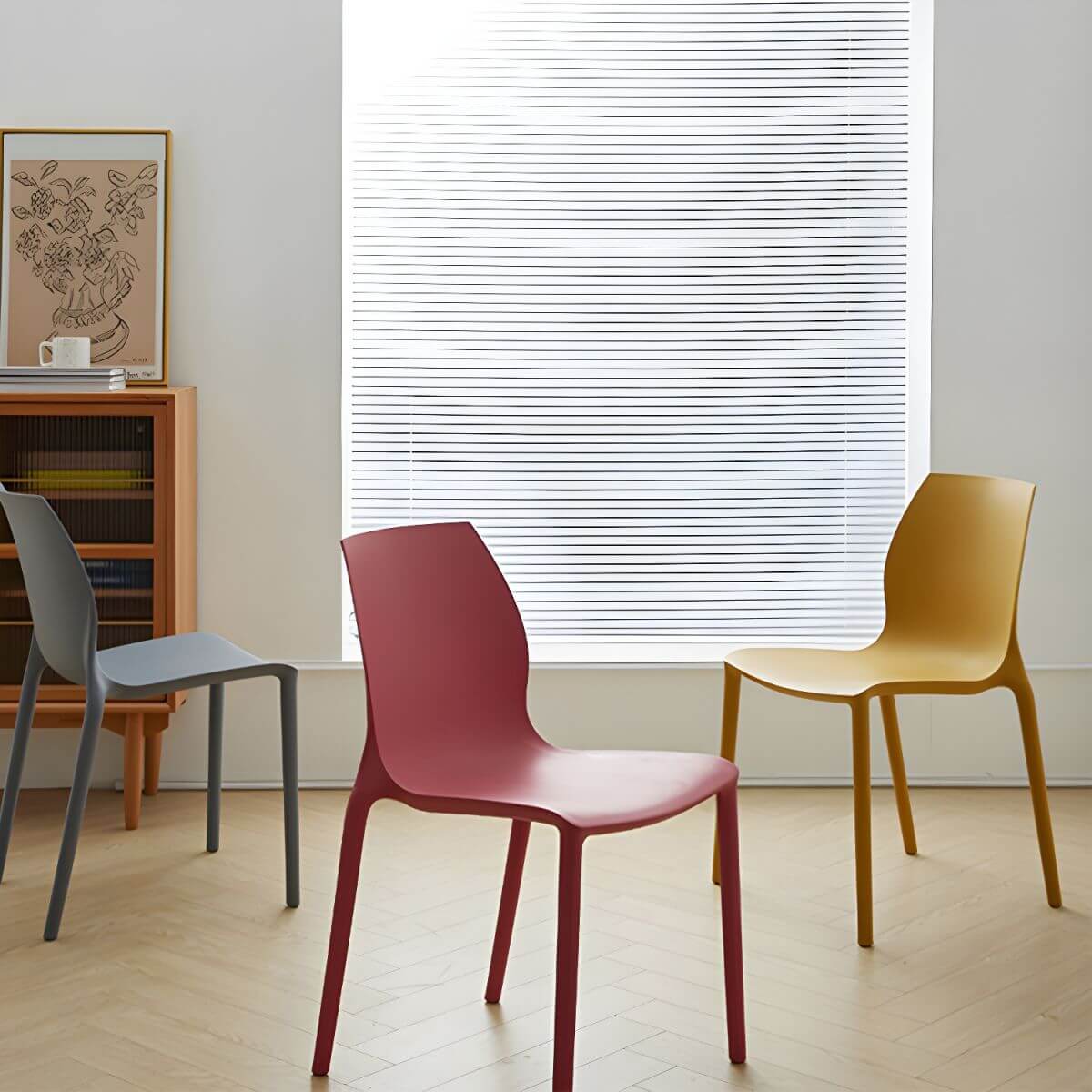 Stackable modern Scandinavian plastic and acrylic chair for kitchen and dining use