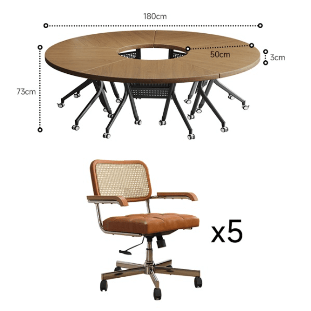 Foldable conference table with modern curve design and comfortable mesh chairs for meetings