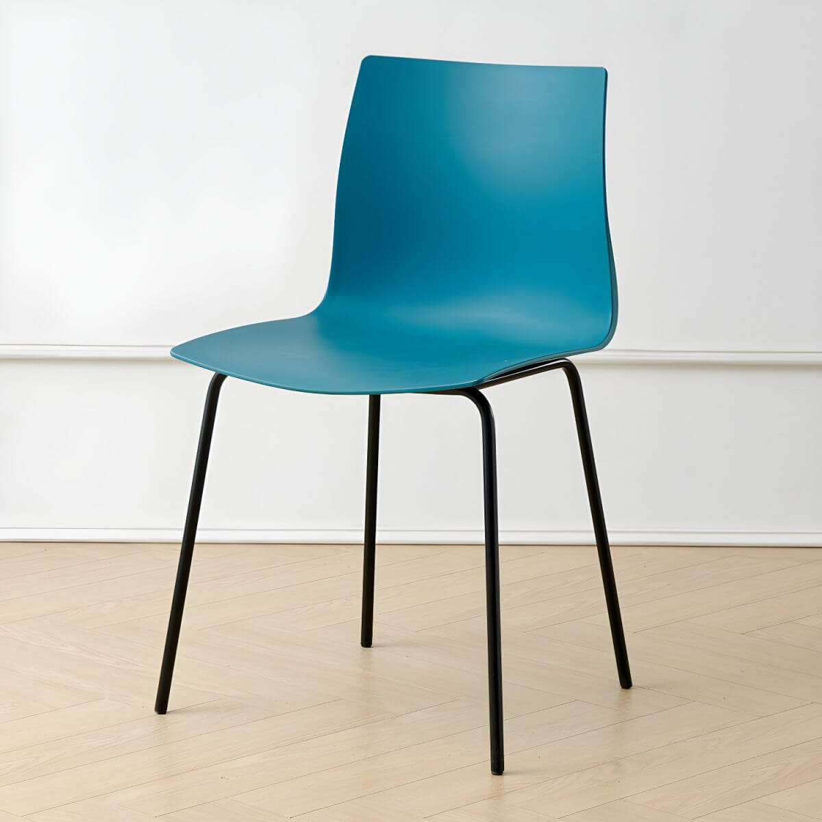 Modern plastic and acrylic side chair with metal legs, ideal for kitchen and dining rooms