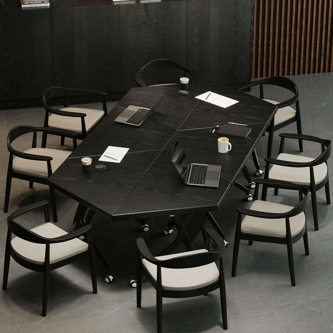 Black folding conference table with 360-degree casters for flexible workspace setups