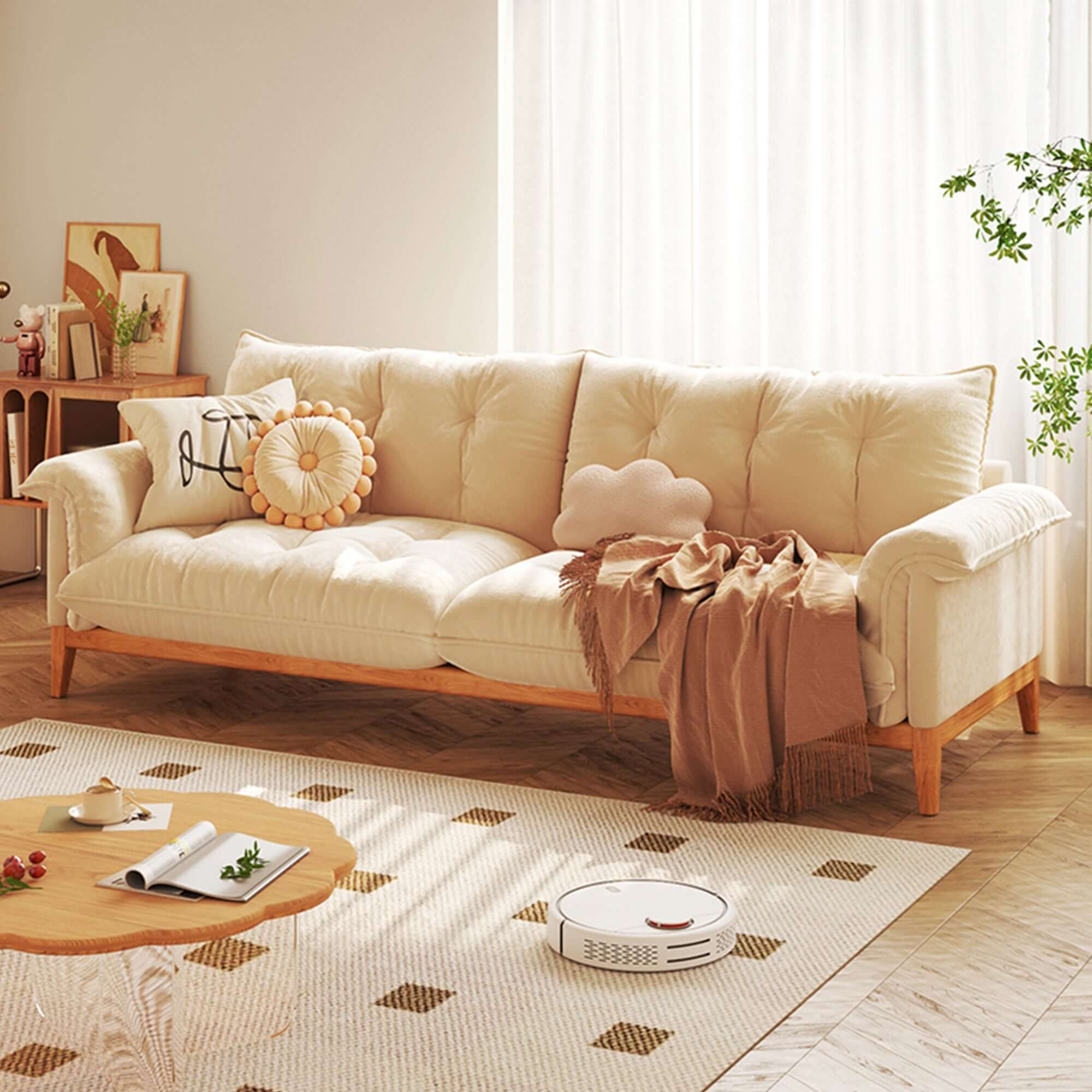 Beige modern 3-seater sofa with solid wood frame and cotton linen upholstery