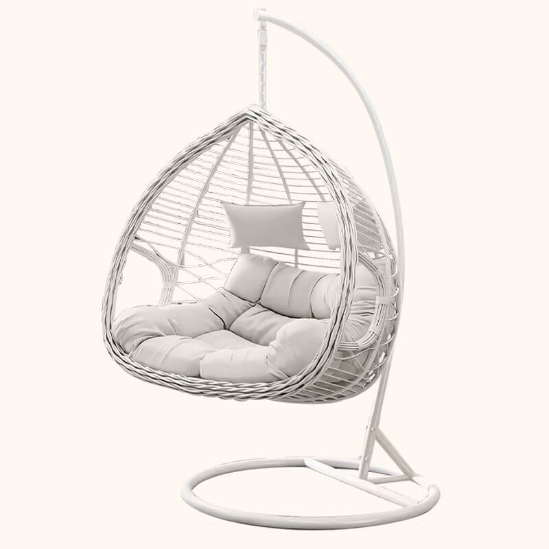 Metal upholstered porch swing egg chair with stand and chain, seating for two in cocoa and cream colors