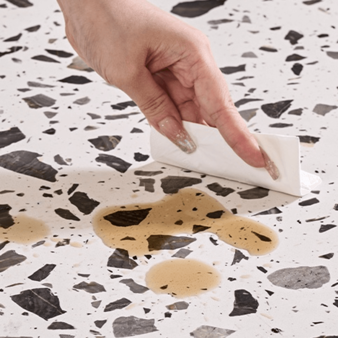 Round terrazzo table with easy-clean surface, perfect for small apartments