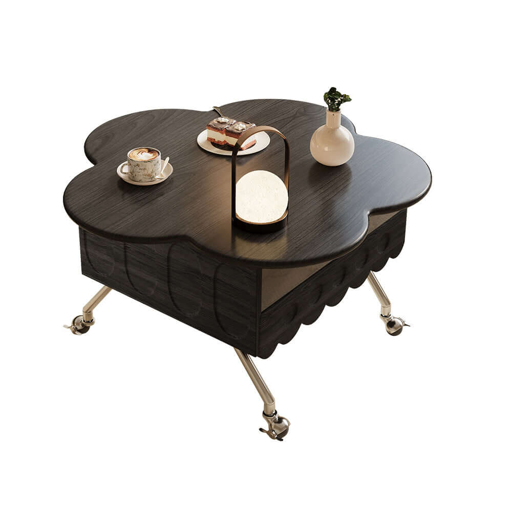 Movable retro coffee table with solid wood and adjustable petal design for living room