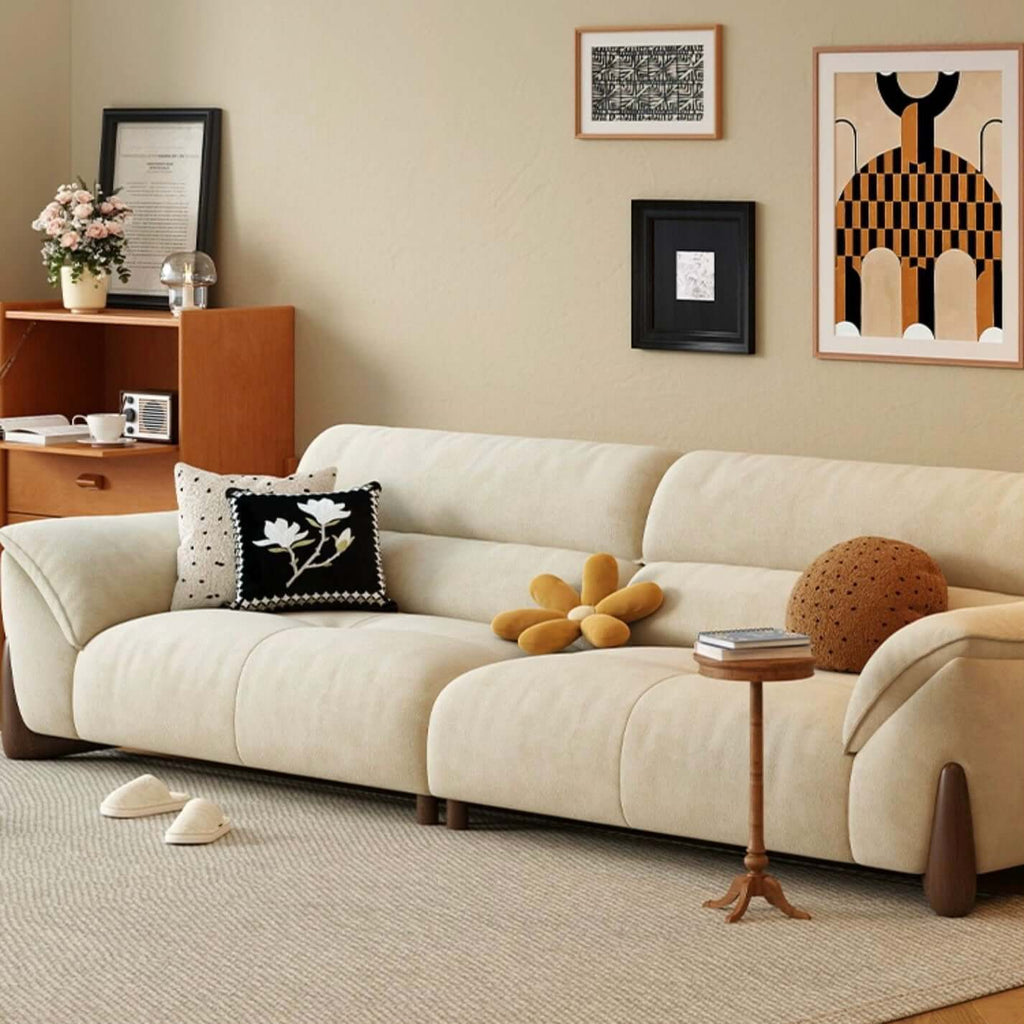 Modern green and white sofa with soft tech fabric, perfect for a cozy living room