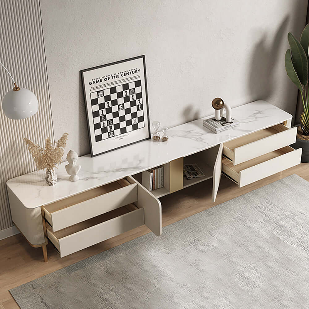 Rectangle TV stand with elegant marbling slate top for a luxury living room setup