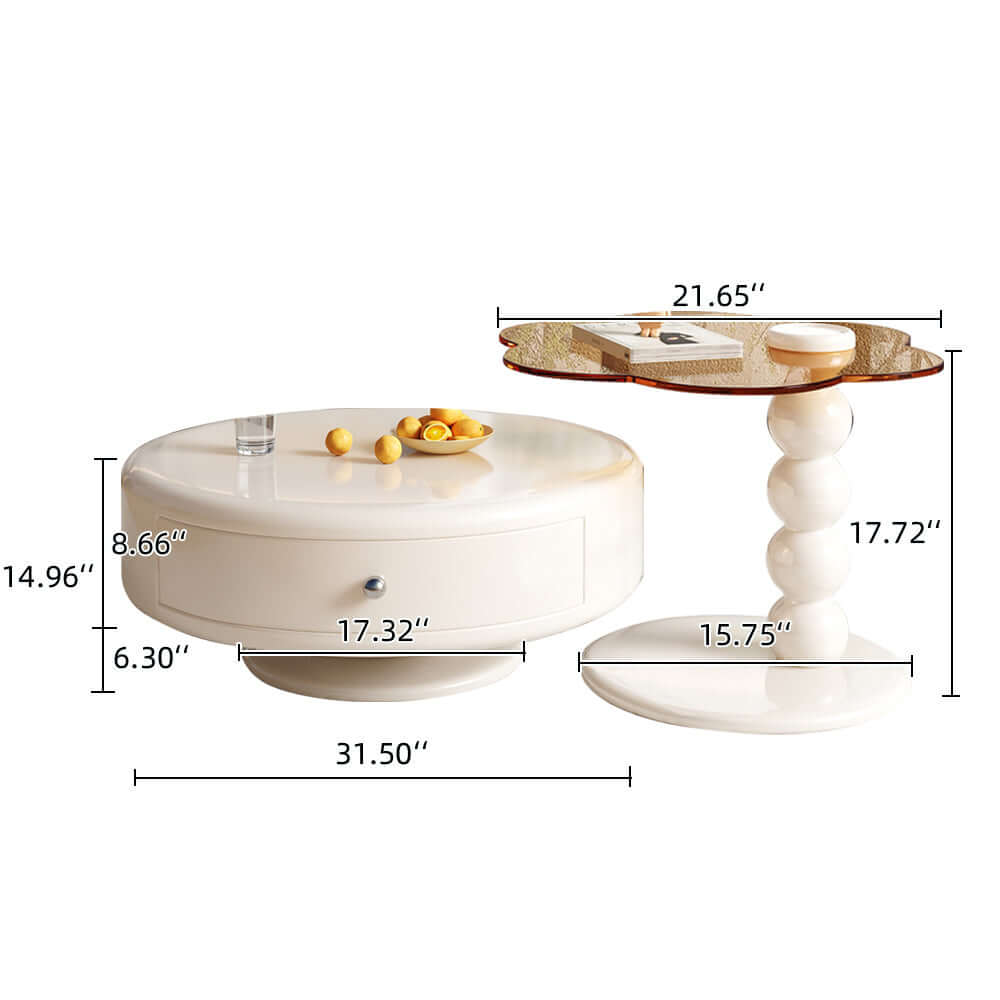 Set of 2 round rotating nesting coffee tables with 2 drawers and tea glass side surfaces