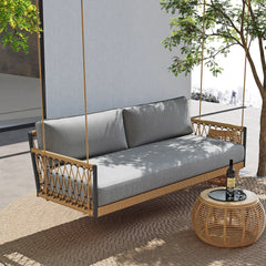 Ropipe Outdoor 2-Seater Swing Sofa in Khaki with Hand Woven Rope & White Cushion