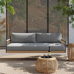 Ropipe Outdoor 2-Seater Swing Sofa in Khaki with Hand Woven Rope & White Cushion