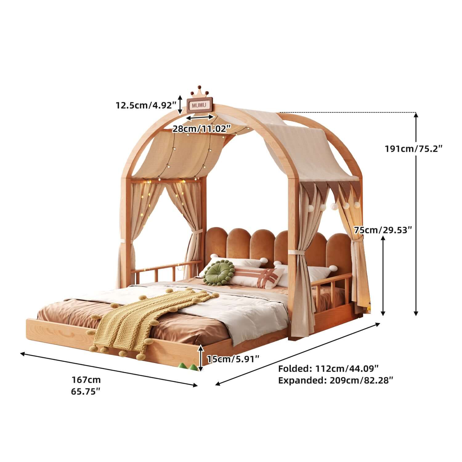 Extendable solid wood kids castle bed with canopy and upholstered headboard, converts from toddler to twin size
