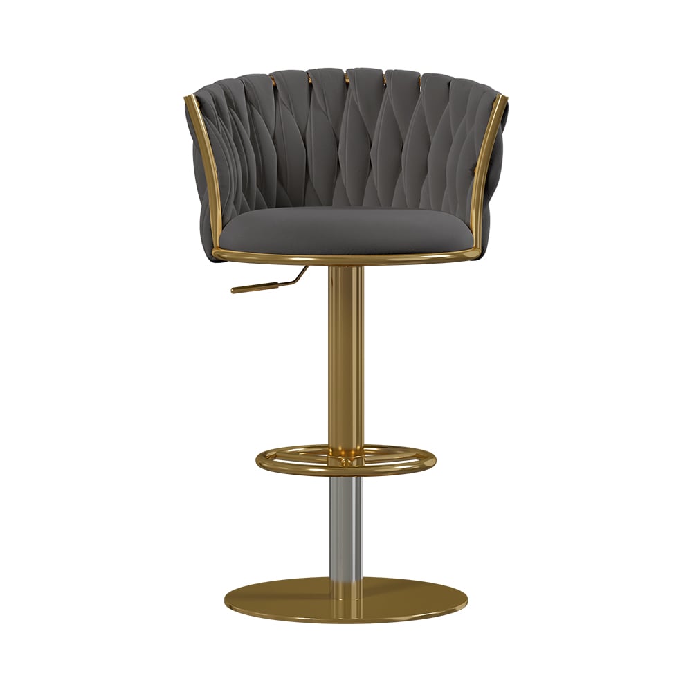 Set of 2 gray swivel bar stools with velvet curved back and adjustable height