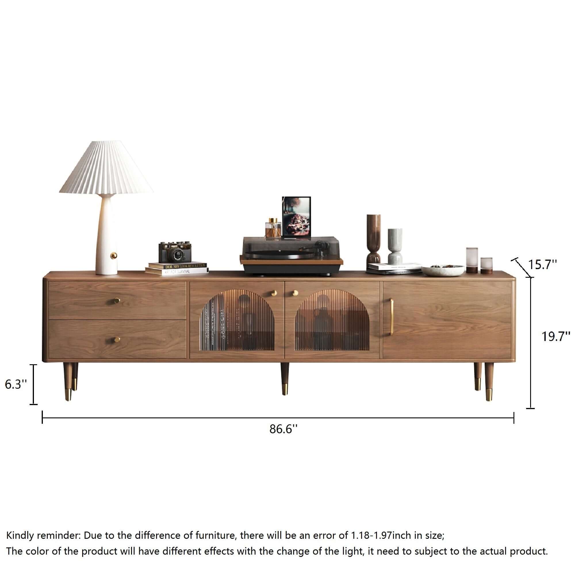 Modern TV stand with storage cabinet, 2 glass doors, and drawers for TVs up to 85 inches
