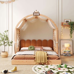 Lit château extensible en bois massif pour enfants avec baldaquin – Lit pour tout-petits à jumeaux de style tente avec tête de lit rembourrée