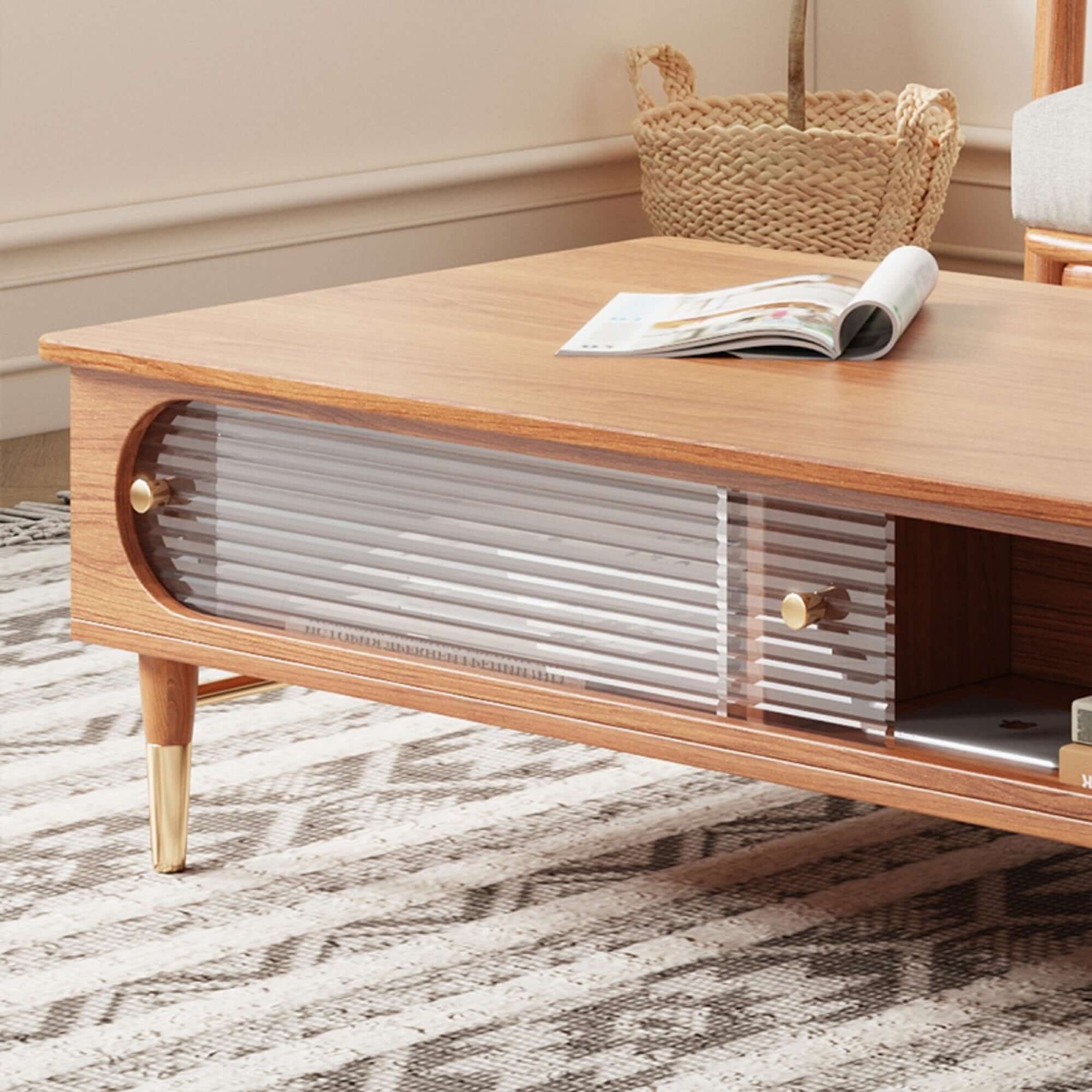 Rectangular wooden coffee table with storage compartments, ideal for living room organization