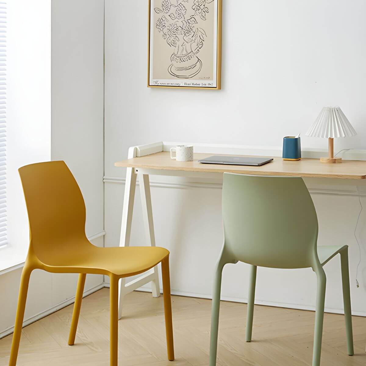 Stackable modern Scandinavian plastic and acrylic chair for kitchen and dining use