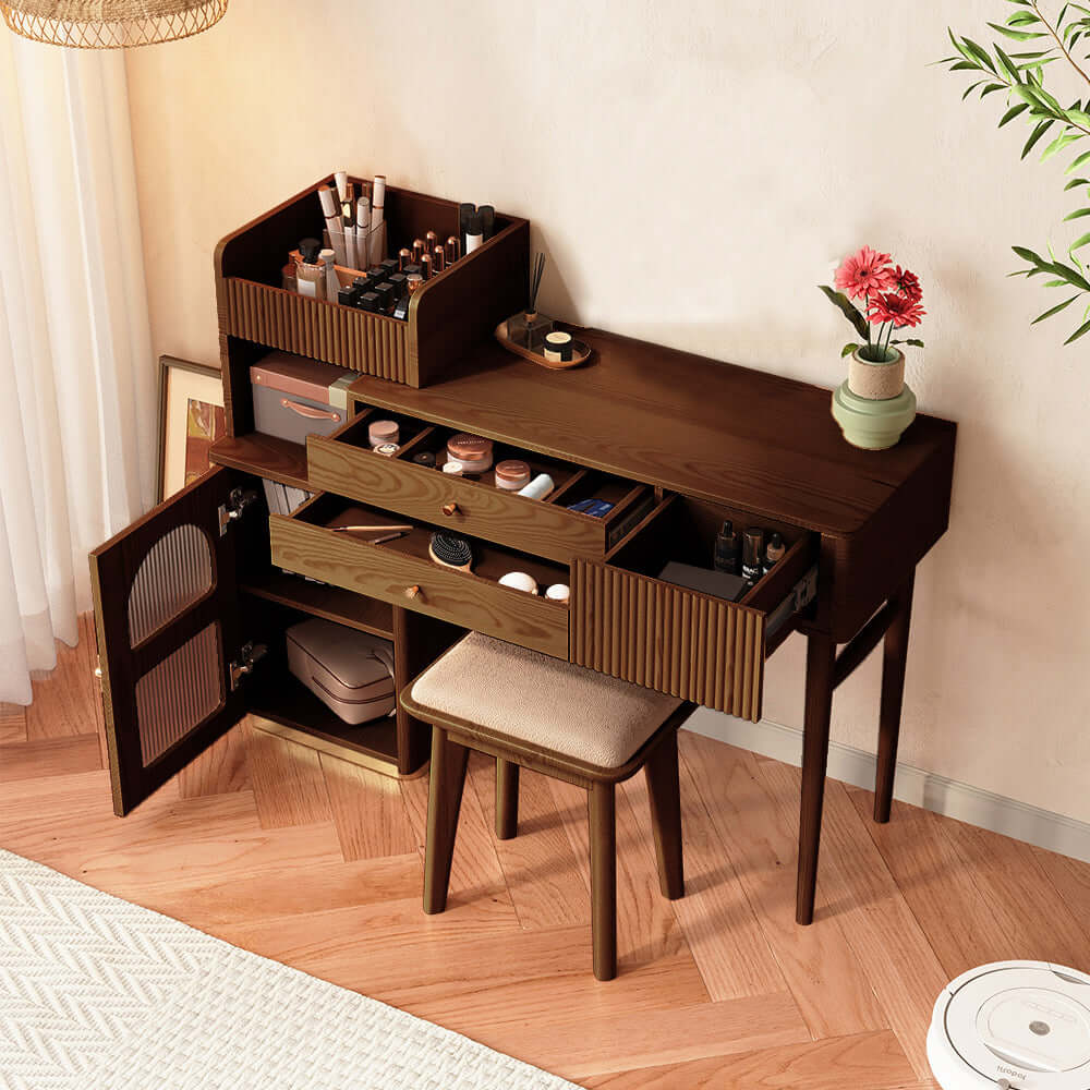 Elegant wooden dressing table featuring a bright LED mirror for stylish makeup and grooming