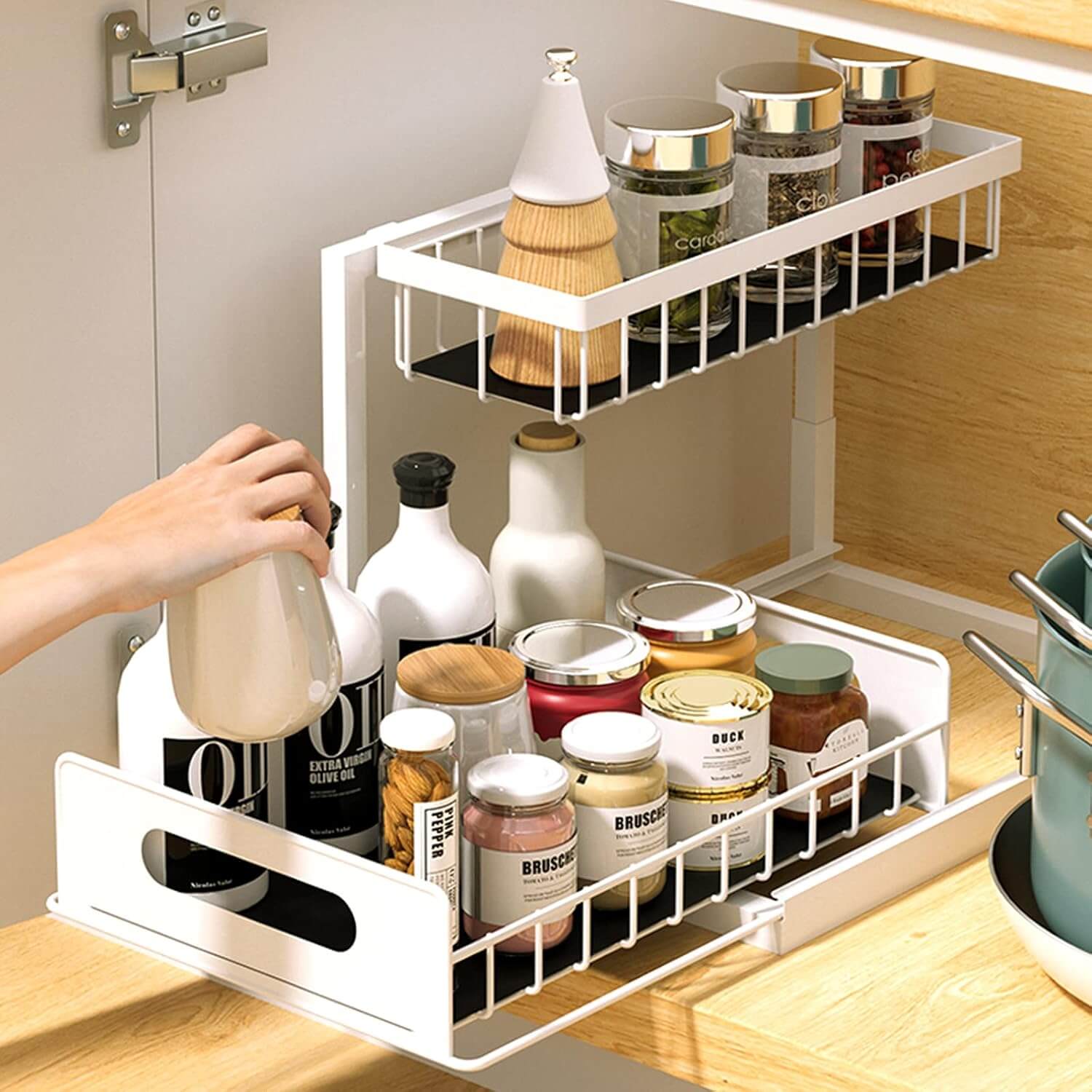 2-pack 2-tier sliding under sink organizers with hooks for bathroom and kitchen storage