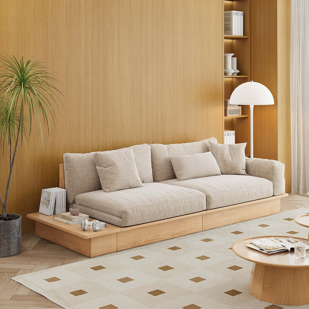 Modern pull-out floor sofa bed with reversible armrests and lift-top storage for space-saving comfort