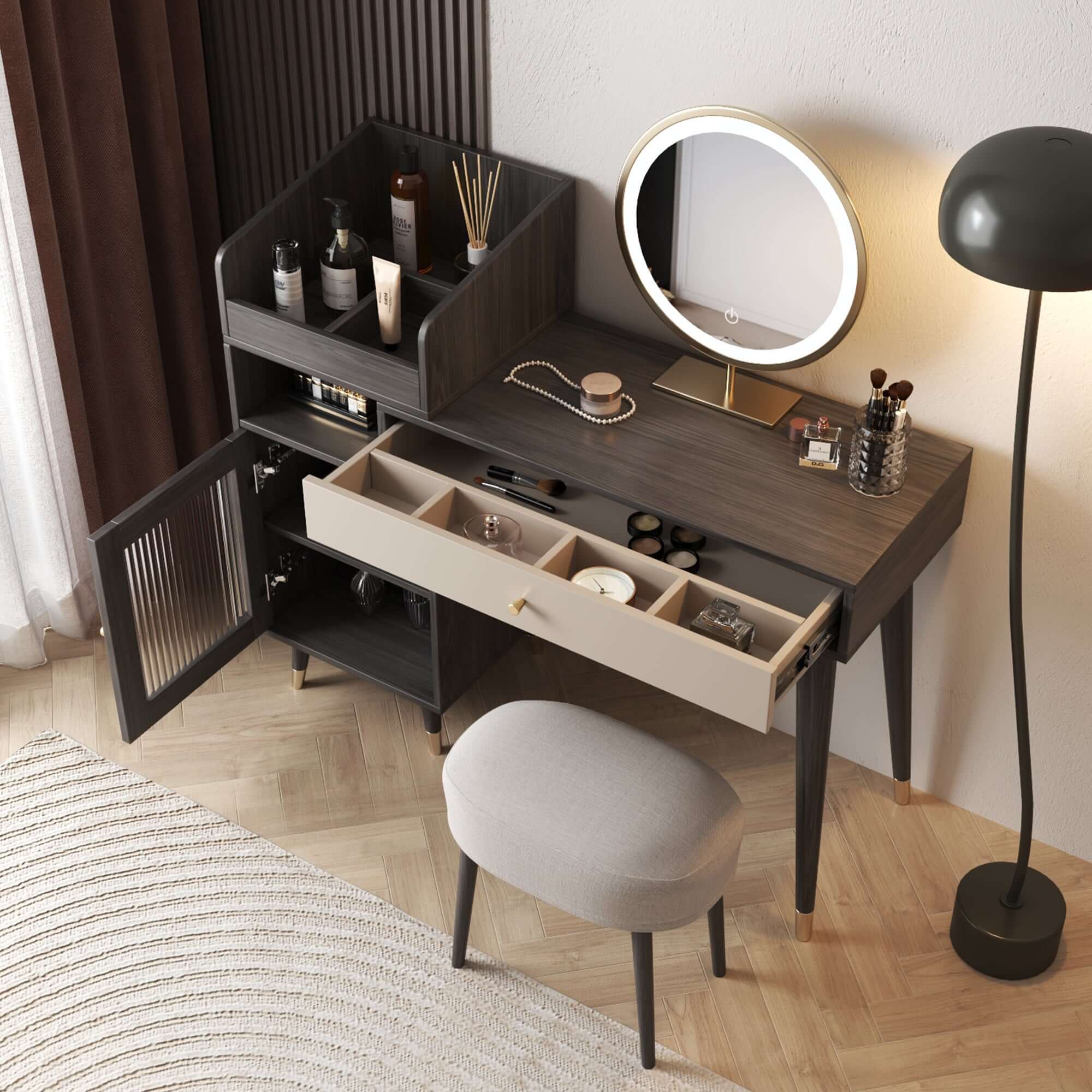 Coffee brown wooden vanity table with side cabinets, open storage, and drawers for bedroom organization