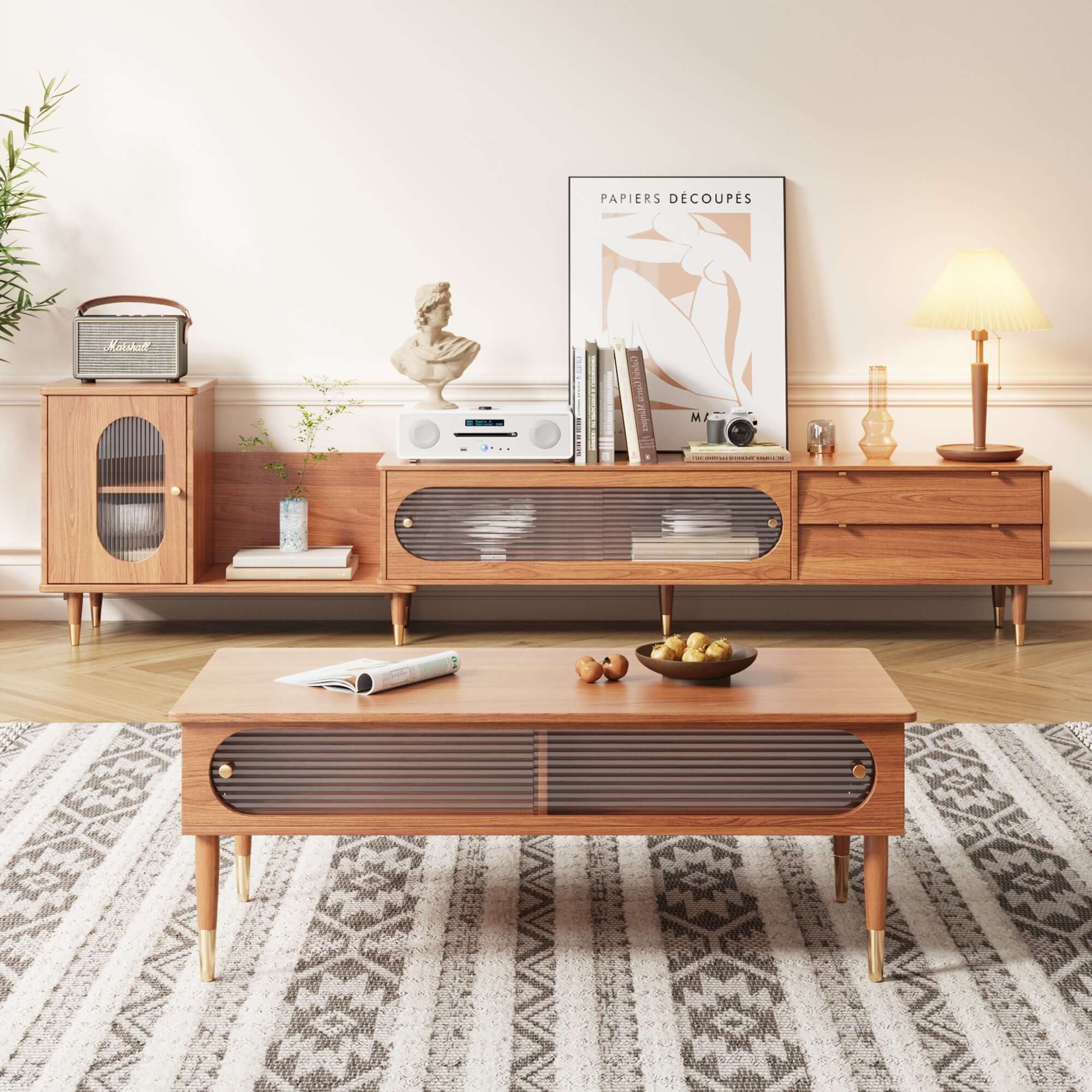 Rectangular wooden coffee table with storage compartments, ideal for living room organization