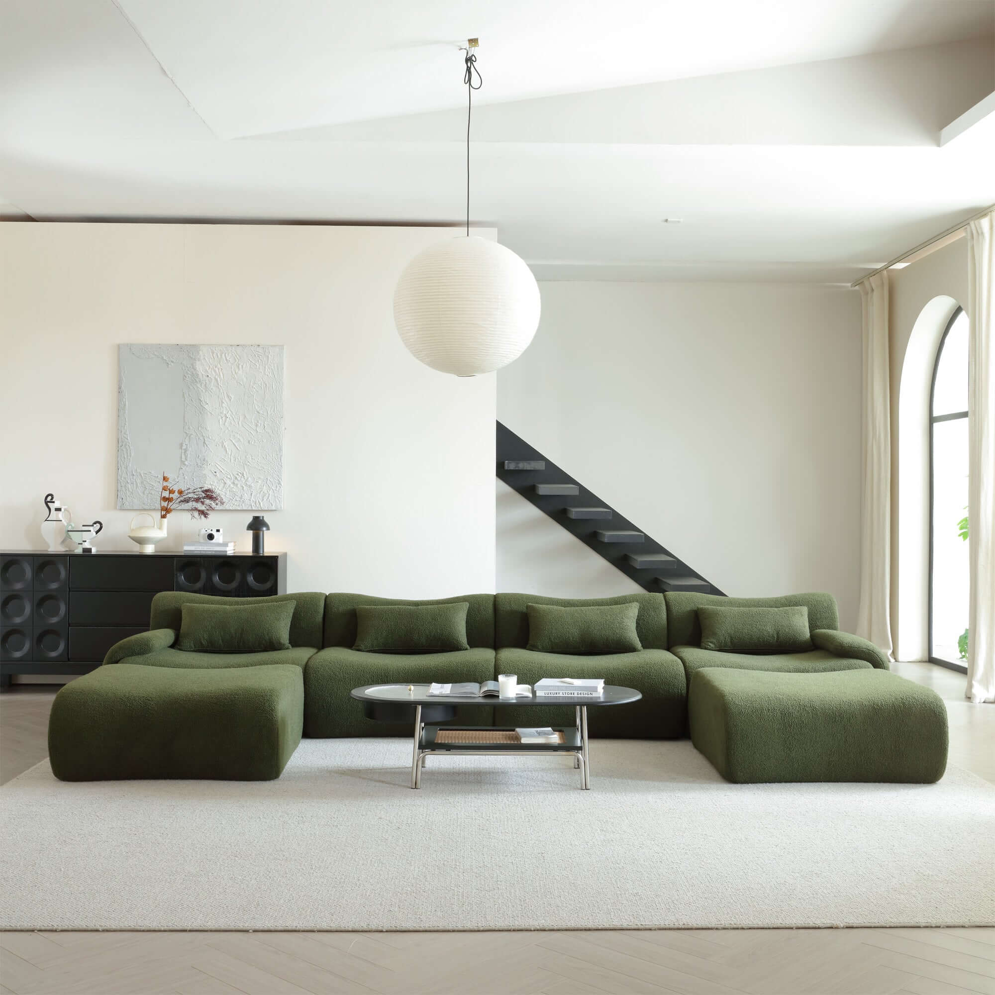 Modern sectional sofa upholstered in soft teddy velvet fabric with modular design