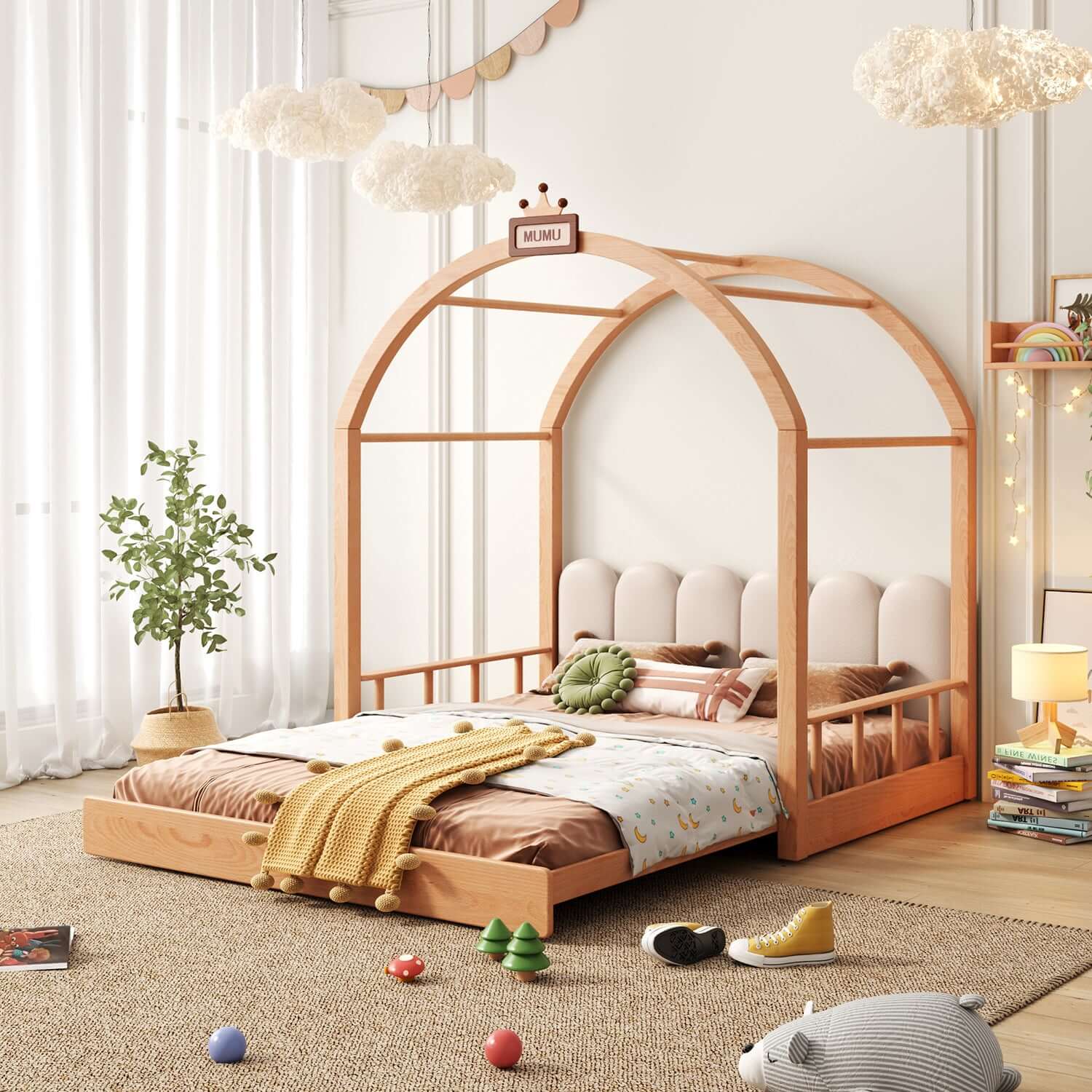 Extendable solid wood kids castle bed with canopy and upholstered headboard, converts from toddler to twin size