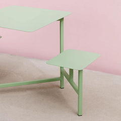 Simplistic Outdoor Picnic Table with Aluminum Frame and White/Light Green/Orange Top Patio Tables