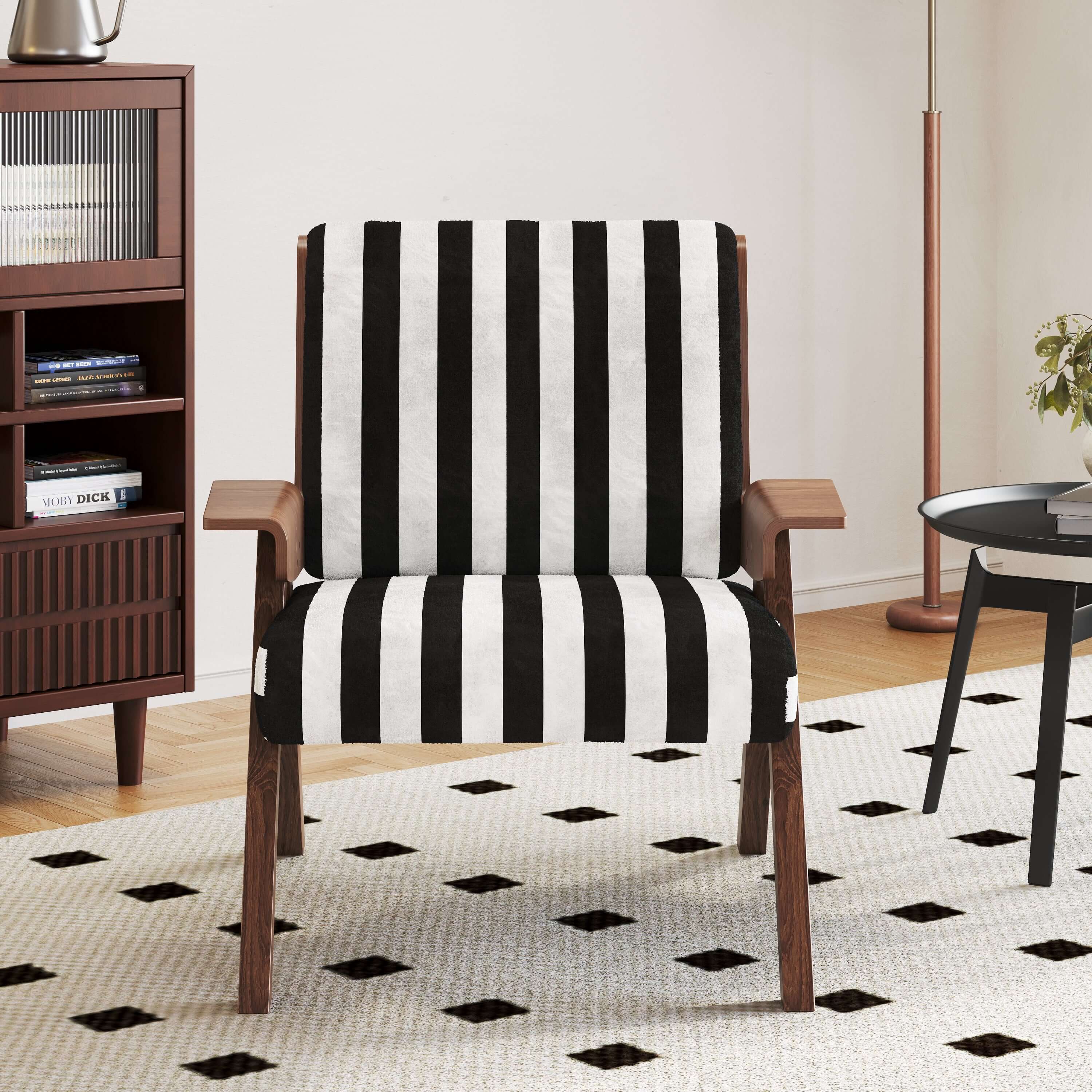 White modern accent armchair sofa with black stripes, stylish and comfortable seating