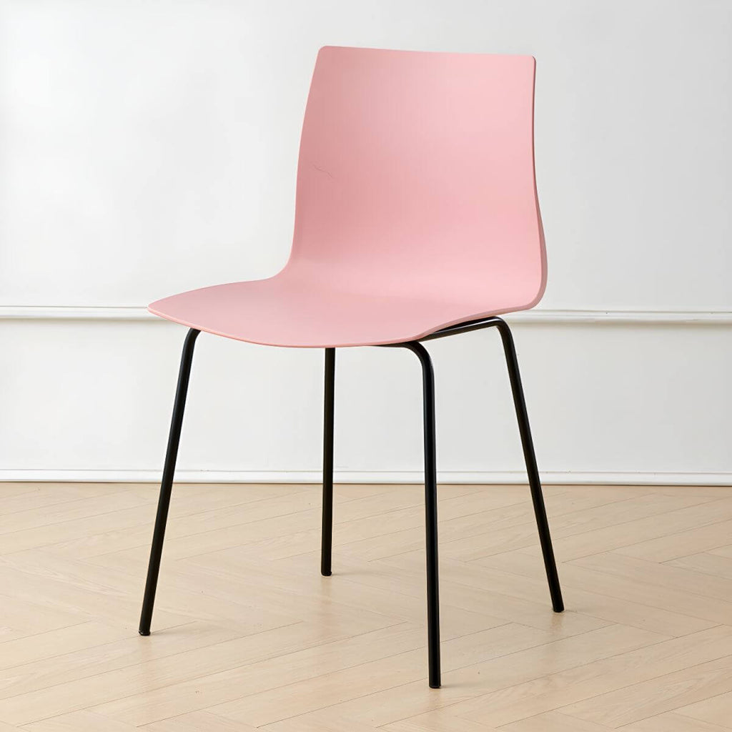 Modern plastic and acrylic side chair with metal legs, ideal for kitchen and dining rooms