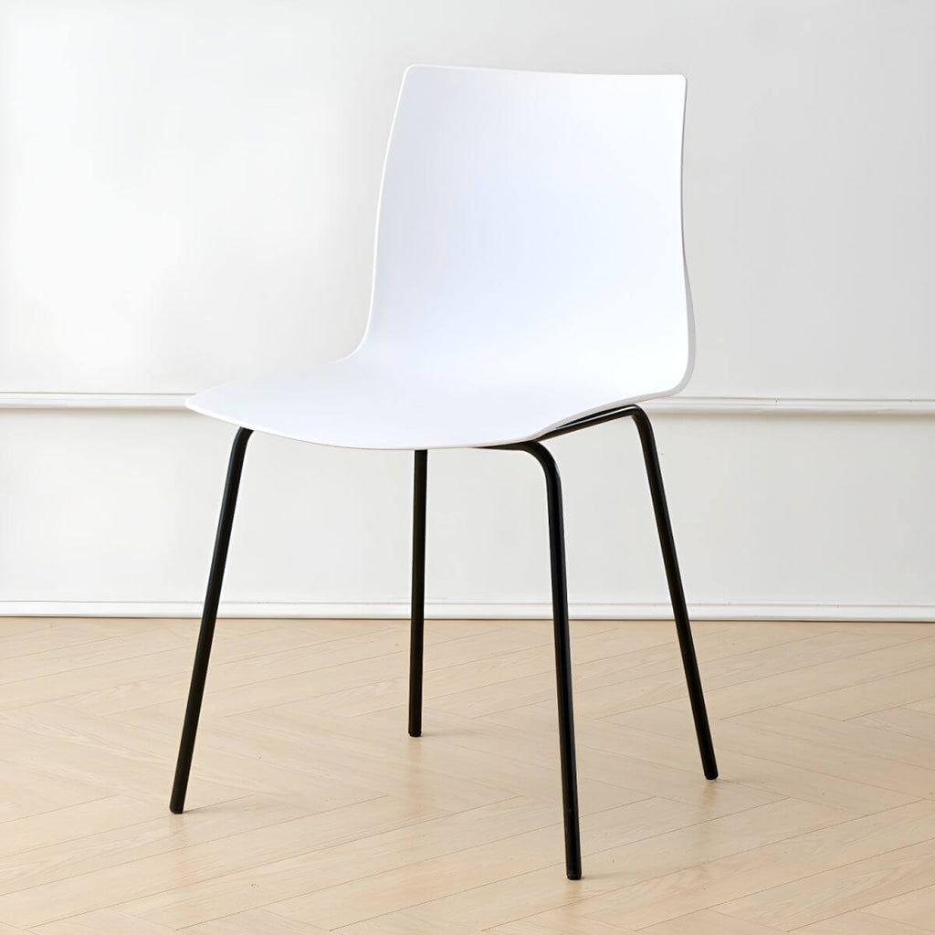 Modern plastic and acrylic side chair with metal legs, ideal for kitchen and dining rooms