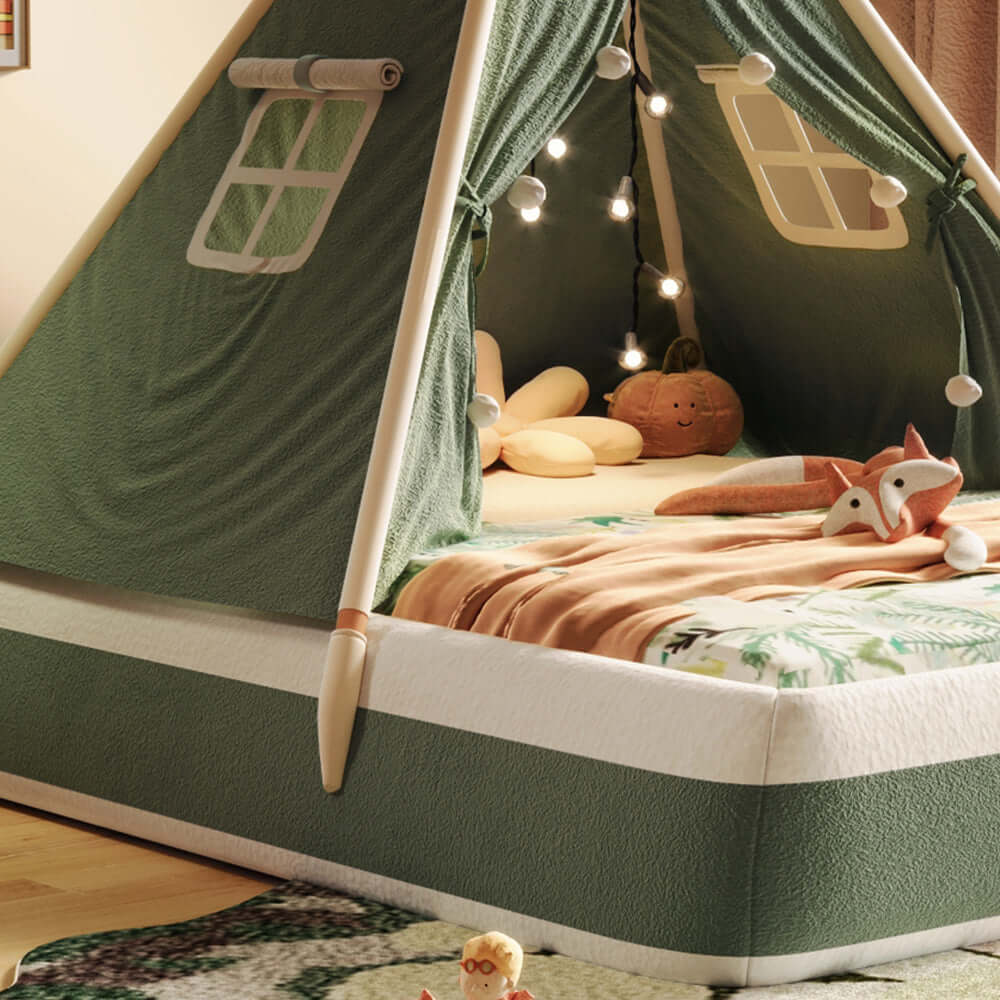Christmas-themed upholstered kids tent bed providing a safe and festive play and rest space