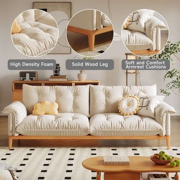 Beige modern 3-seater sofa with solid wood frame and cotton linen upholstery