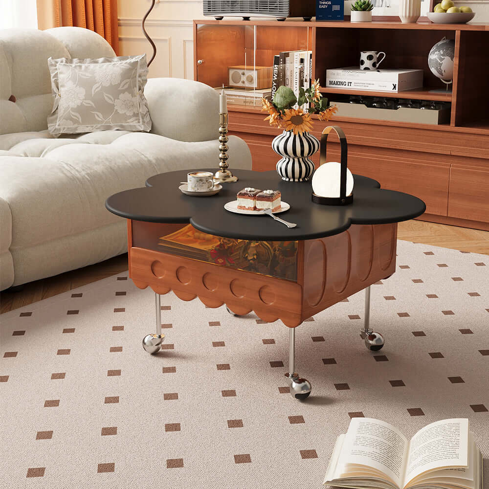 Movable retro coffee table with solid wood and adjustable petal design for living room
