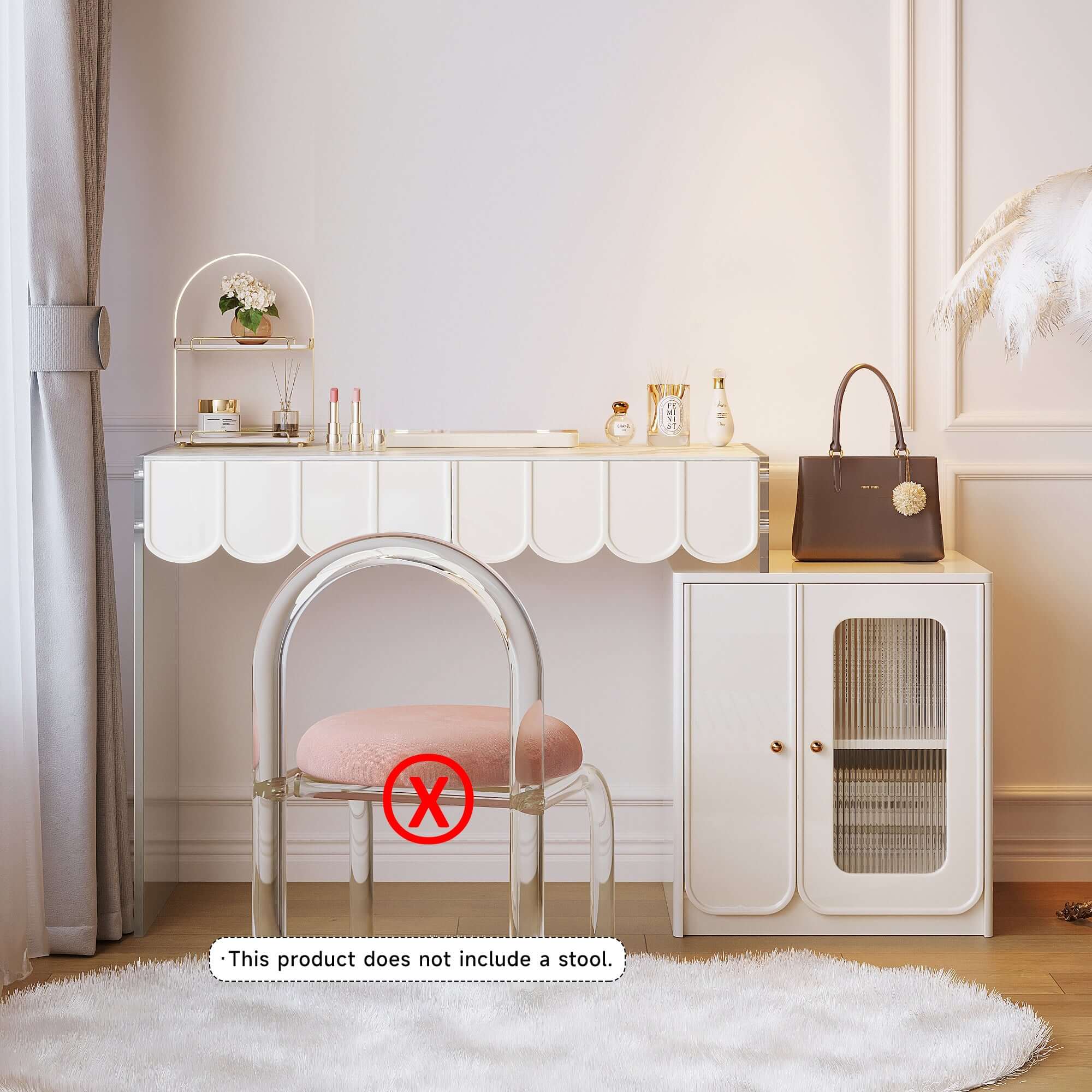 White modern makeup vanity featuring drawers and a side cabinet for organized storage