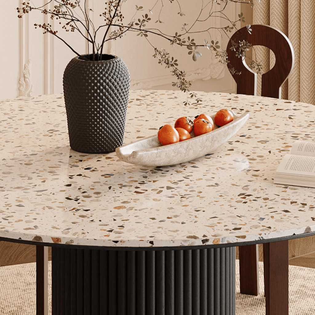 Round terrazzo dining table with durable design, perfect for home gatherings