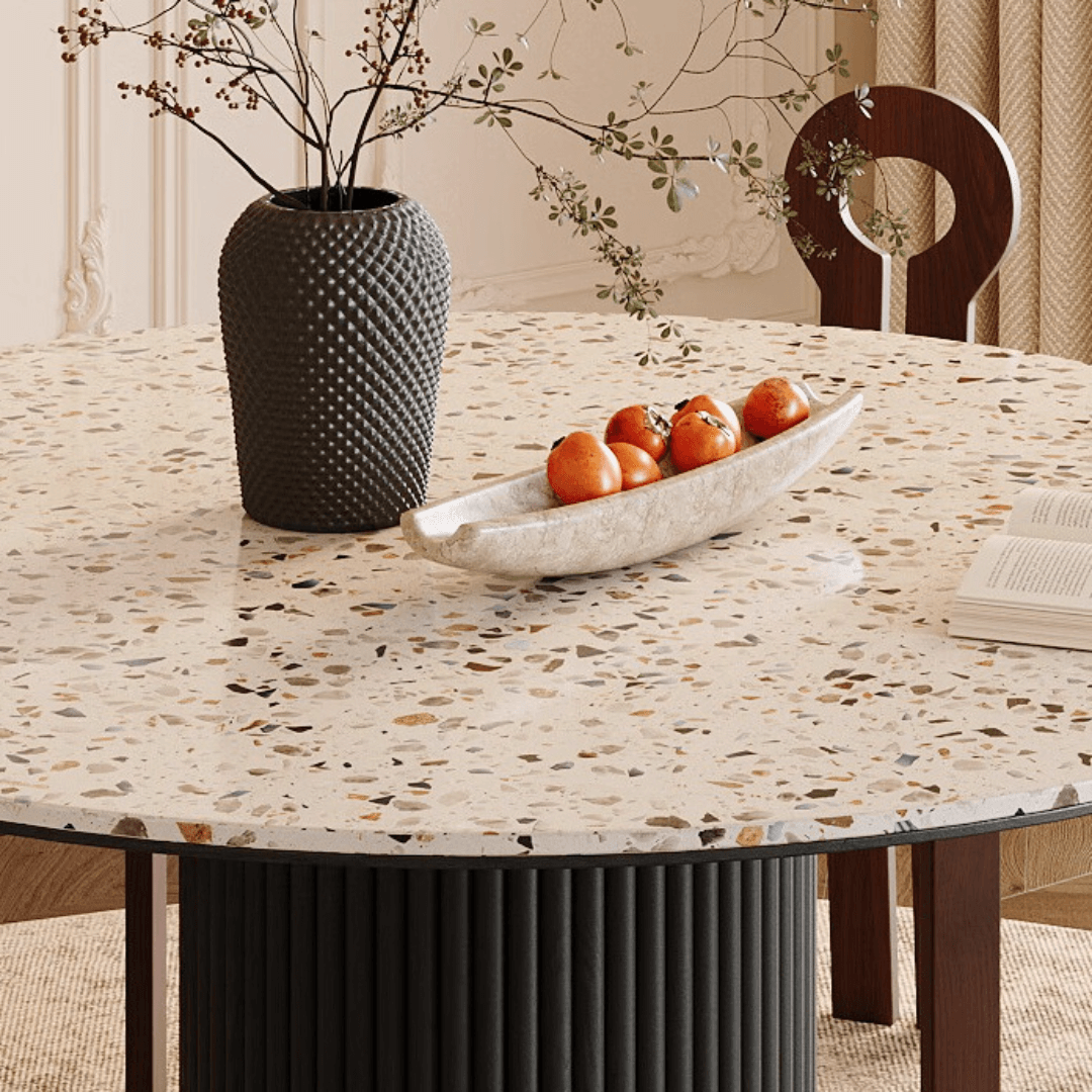 Round terrazzo dining table with durable design, perfect for home gatherings
