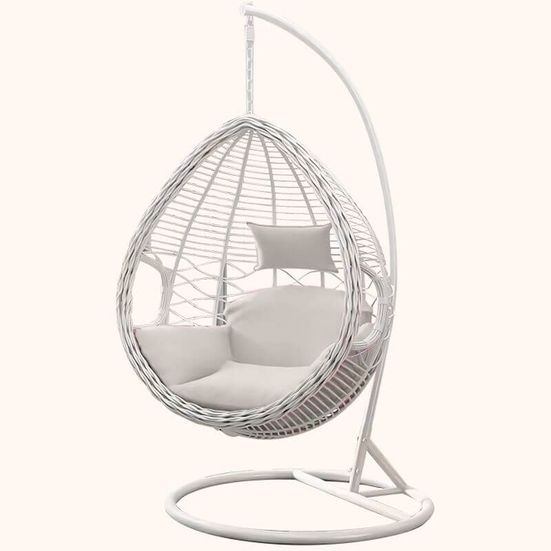 Metal upholstered porch swing egg chair with stand and chain, seating for two in cocoa and cream colors