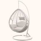 Metal upholstered porch swing egg chair with stand and chain, seating for two in cocoa and cream colors