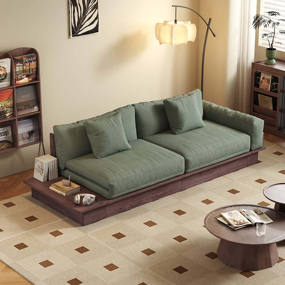 Cocochairs Floor Platform Wood Frame Sofa Bed – Reversible Armrests, Corduroy or Linen-Blend Upholstery