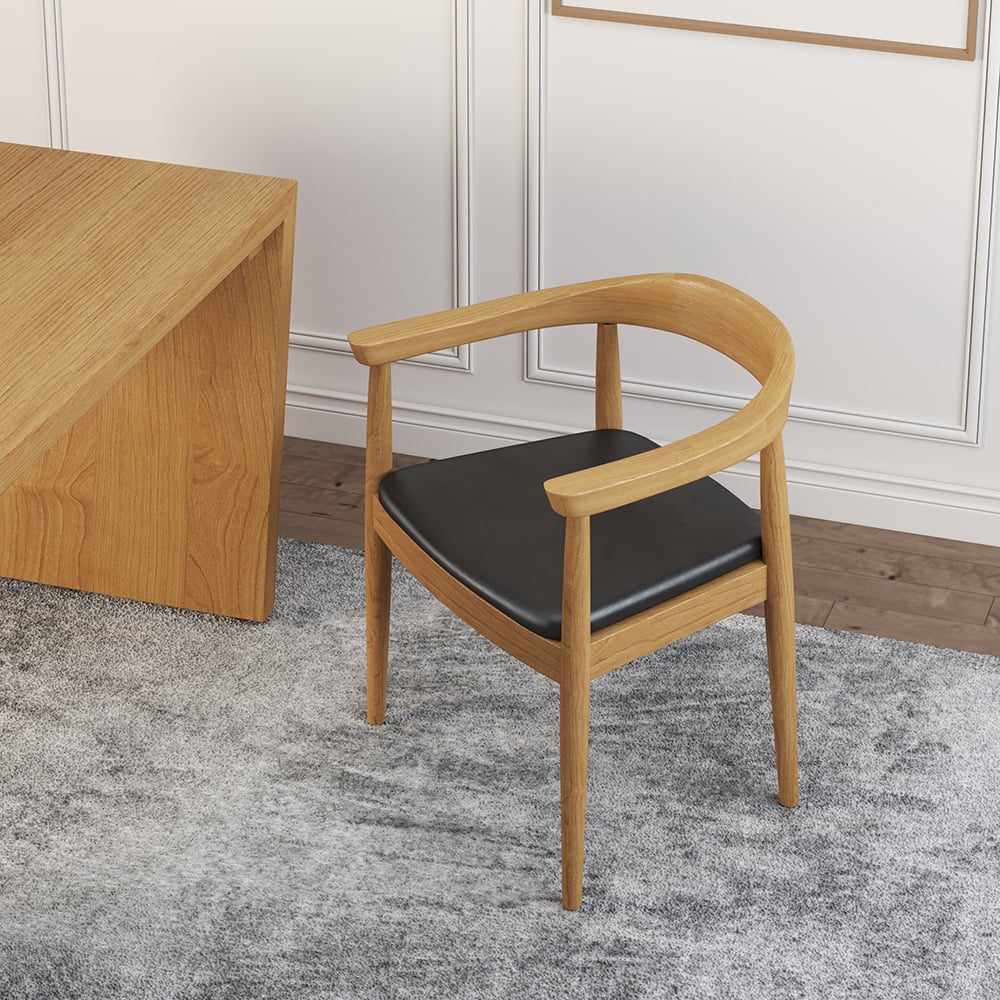 Set of four modern curved back dining chairs with walnut wooden frame and upholstered leather seats