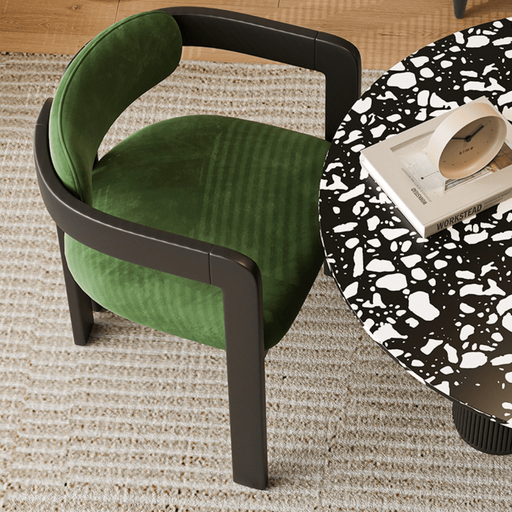 Small space dining set with terrazzo table and luxurious velvet seats