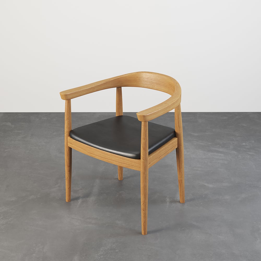 Set of four modern curved back dining chairs with walnut wooden frame and upholstered leather seats