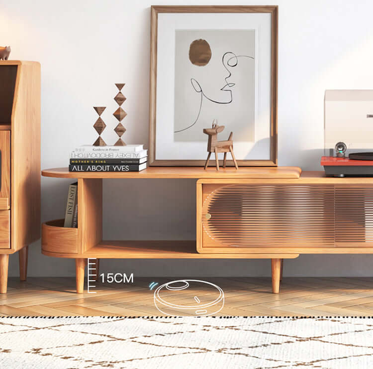 Extendable TV stand with sliding glass doors and storage for media consoles