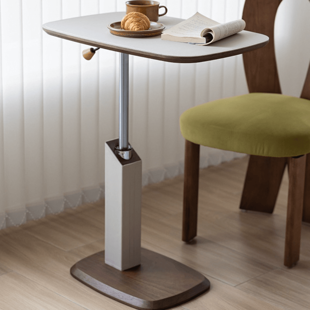Movable end table in classic beige saddle leather, perfect for cozy living spaces
